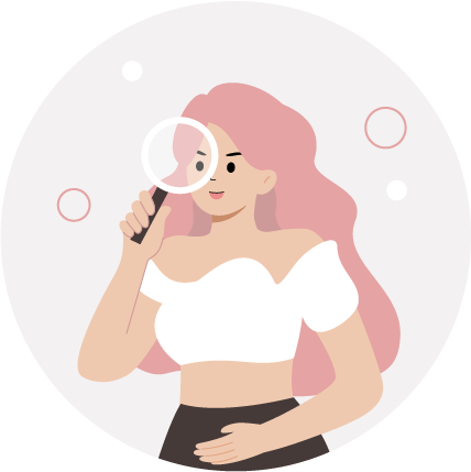 Cartoon picture of a woman holding a magnifying glass trying to look further of her menstrual cycle symptoms          